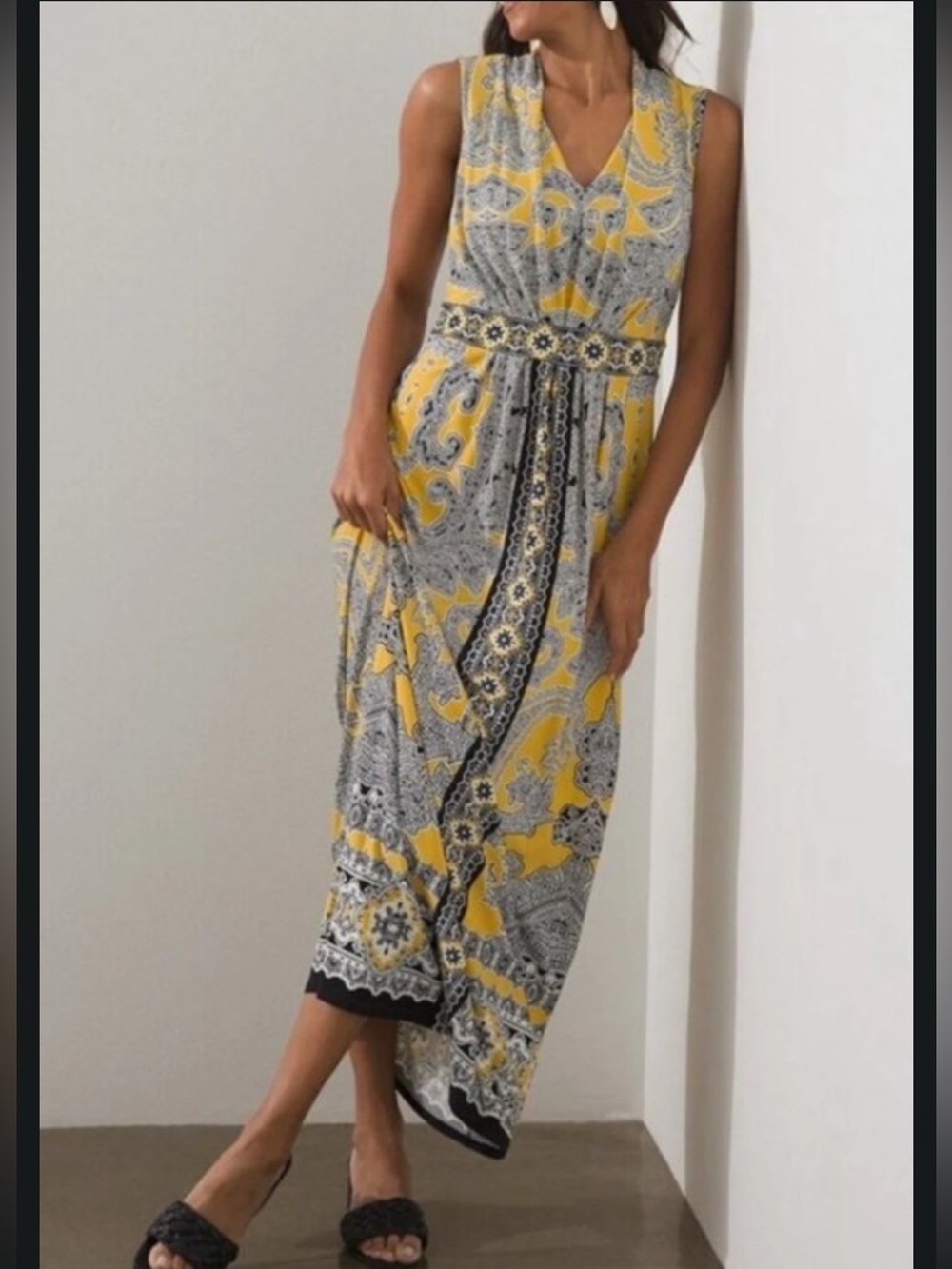 Yellow and Black Chico's Classic Pleated Paisley Sleeveless Maxi Dress